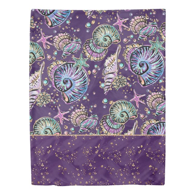 Underwater Purple Luxe | Dark Pastel Gold Sea Life Duvet Cover (Front)
