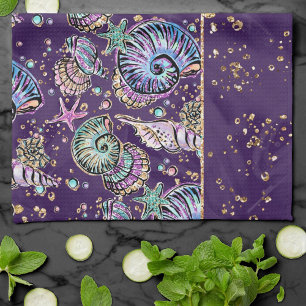 Underwater Purple Luxe Dark Pastel Gold Sea Life Kitchen Towel