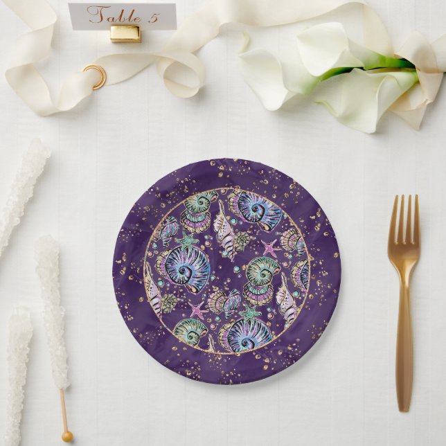 Underwater Purple Luxe | Dark Pastel Gold Sea Life Paper Plates (Wedding)