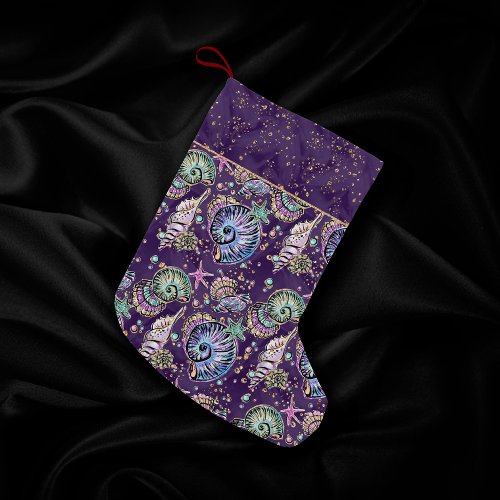 Underwater Purple Luxe  Dark Pastel Gold Sea Life Small Christmas Stocking