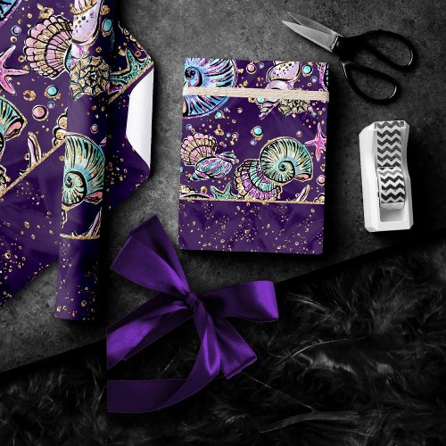 Underwater Purple Luxe  Dark Pastel Gold Sea Life Wrapping Paper