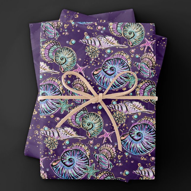 Underwater Purple Luxe | Dark Pastel Gold Sea Life Wrapping Paper Sheets (Creator Uploaded)