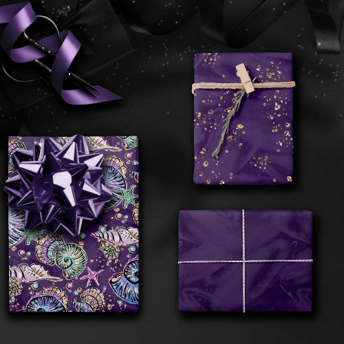 Underwater Purple Luxe  Dark Pastel Gold Sea Life Wrapping Paper Sheets