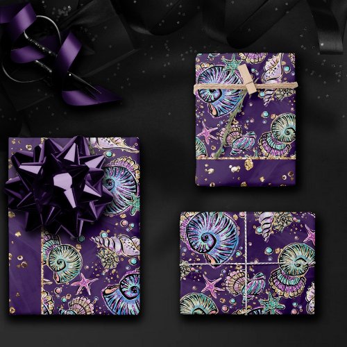 Underwater Purple Luxe  Dark Pastel Gold Sea Life Wrapping Paper Sheets