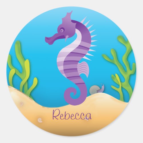 Underwater Purple Seahorse Classic Round Sticker