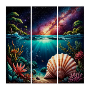 Underwater Reef Scene with Milky Way Triptych