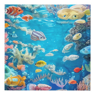 Underwater Scene with Funny Fish Faux Canvas Print