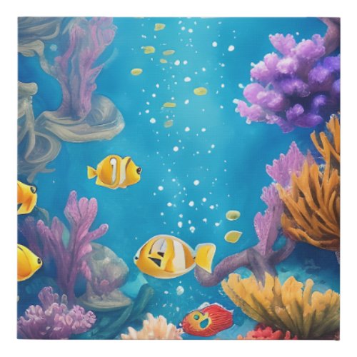 Underwater Scene with Funny Fish  Faux Canvas Print