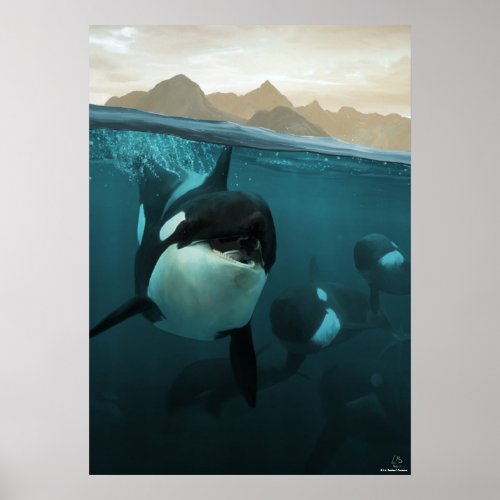 Underwater scene with orca family poster