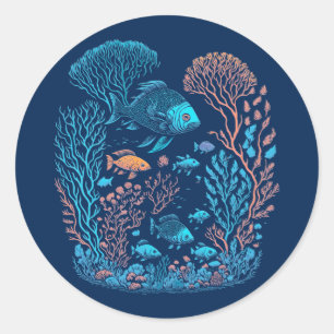 Underwater scenery colorful fishes and coral reef classic round sticker