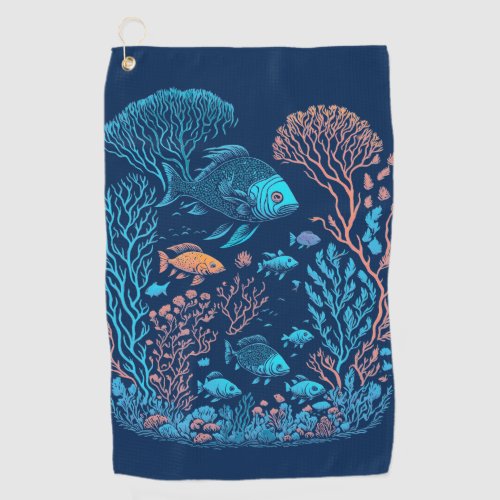 Underwater scenery  colorful fishes and coral reef golf towel