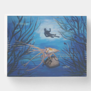Underwater Scuba Diver Lobster Wood Box Sign