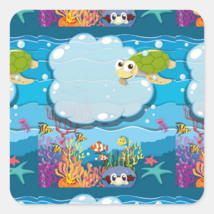 Underwater Sea Animals Sea Turtle Fish Sea Weed Square Sticker