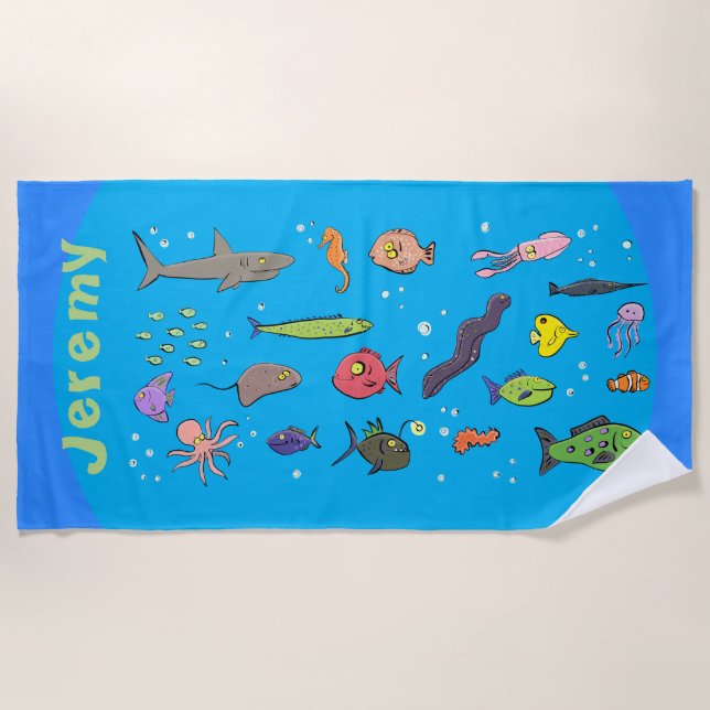 Underwater sea life funny cartoon beach towel (Front)