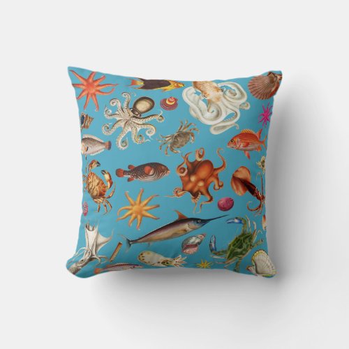 Underwater Sea Life Illustration Ocean Blue Throw Pillow