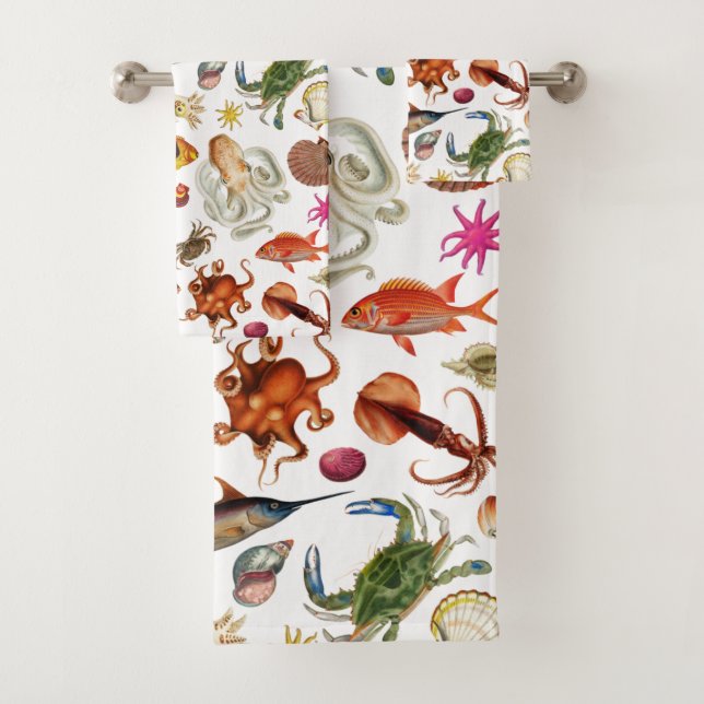 Underwater Sea Life Nautical Illustration Pattern Bath Towel Set (Insitu)