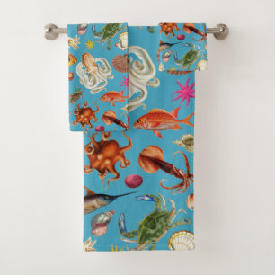 Underwater Sea Life Nautical Pattern Ocean Blue Bath Towel Set