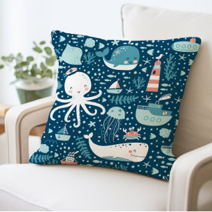 Underwater Sea Life Pillow, Nautical Ocean  Throw Pillow