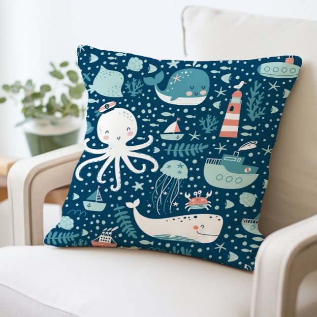 Underwater Sea Life Pillow, Nautical Ocean  Throw Pillow (Creator Uploaded)