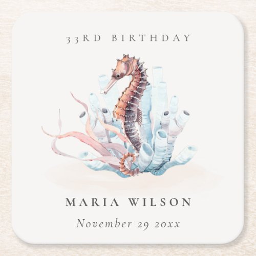 Underwater Seahorse Seaweed Coral Any Age Birthday Square Paper Coaster
