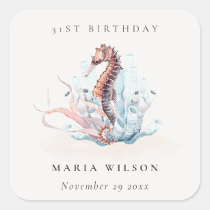 Underwater Seahorse Seaweed Coral Any Age Birthday Square Sticker