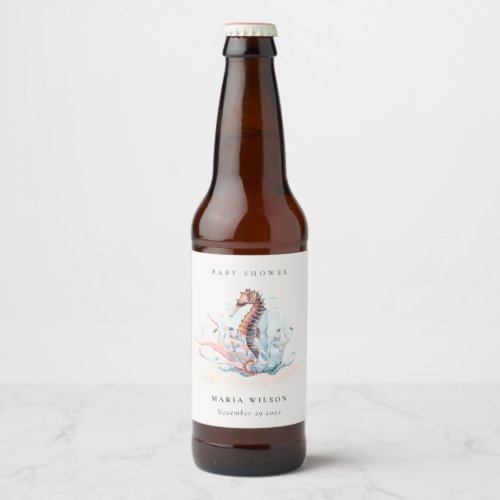 Underwater Seahorse Seaweed Coral Baby Shower Beer Bottle Label