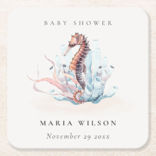 Underwater Seahorse Seaweed Coral Baby Shower Square Paper Coaster