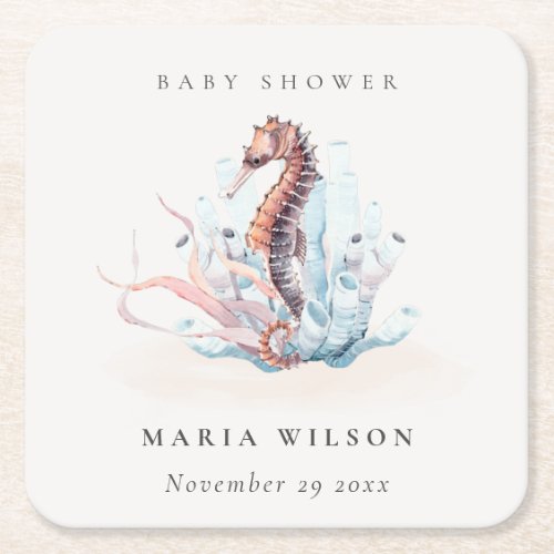 Underwater Seahorse Seaweed Coral Baby Shower Square Paper Coaster