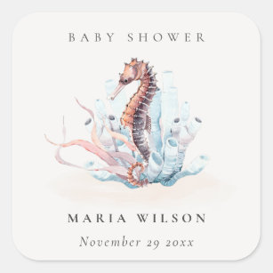 Underwater Seahorse Seaweed Coral Baby Shower Square Sticker