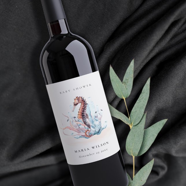 Underwater Seahorse Seaweed Coral Baby Shower Wine Label (Creator Uploaded)