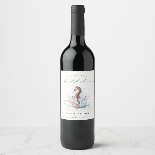 Underwater Seahorse Seaweed Coral Bridal Shower Wine Label (Front)