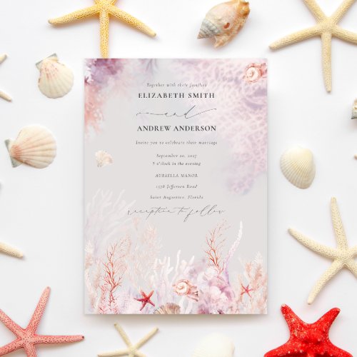 Underwater Seaweed  Seashell Watercolor Wedding Invitation