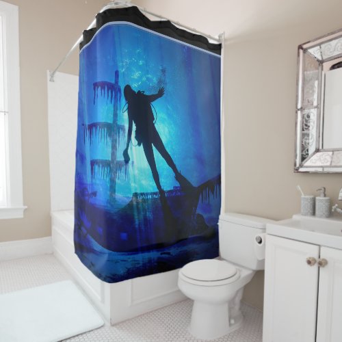 Underwater Shipwreck and Diver Shower Curtain