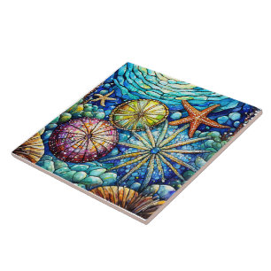 Underwater Starfish and urchin Stained glass art Ceramic Tile