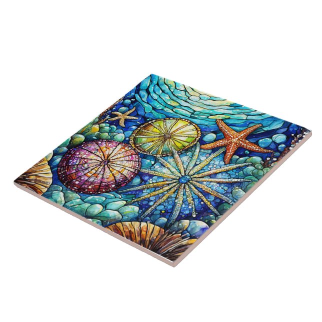 Underwater Starfish and urchin Stained glass art Ceramic Tile (Side)