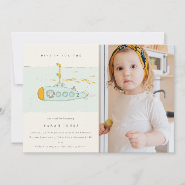 Underwater Submarine Photo Any Age Birthday Invite (Front)