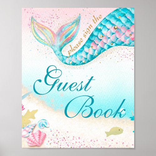 Underwater Teal Girl Mermaid Guest Book Decor Sign