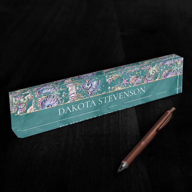 Underwater Teal Luxe | Green Pastel Gold Seashells Desk Name Plate (Creator Uploaded)