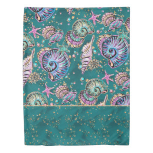 Underwater Teal Luxe Green Pastel Gold Seashells Duvet Cover