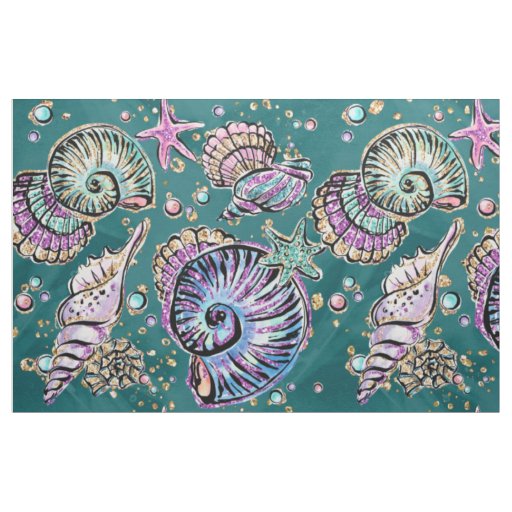 Underwater Teal Luxe | Green Pastel Gold Seashells Fabric
