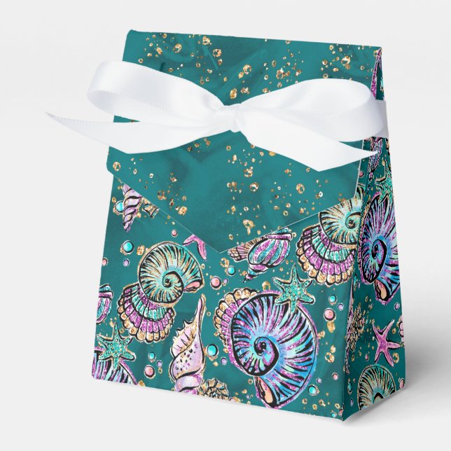 Underwater Teal Luxe | Green Pastel Gold Seashells Favor Boxes (Front Side)