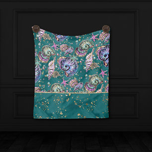 Underwater Teal Luxe Green Pastel Gold Seashells Fleece Blanket