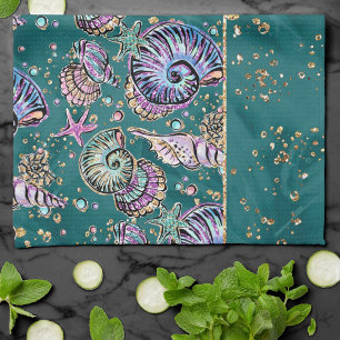 Underwater Teal Luxe Green Pastel Gold Seashells Kitchen Towel