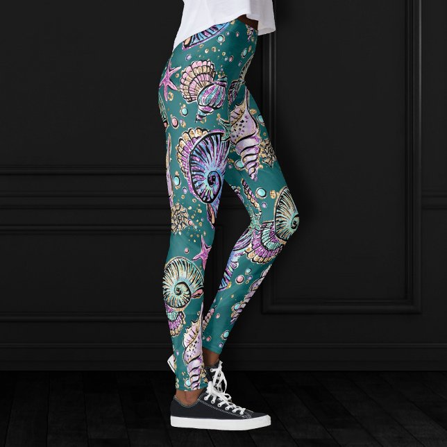 Underwater Teal Luxe | Green Pastel Gold Seashells Leggings (Creator Uploaded)
