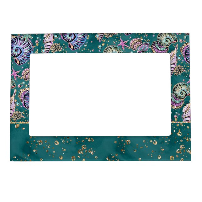 Underwater Teal Luxe | Green Pastel Gold Seashells Magnetic Frame (Front)