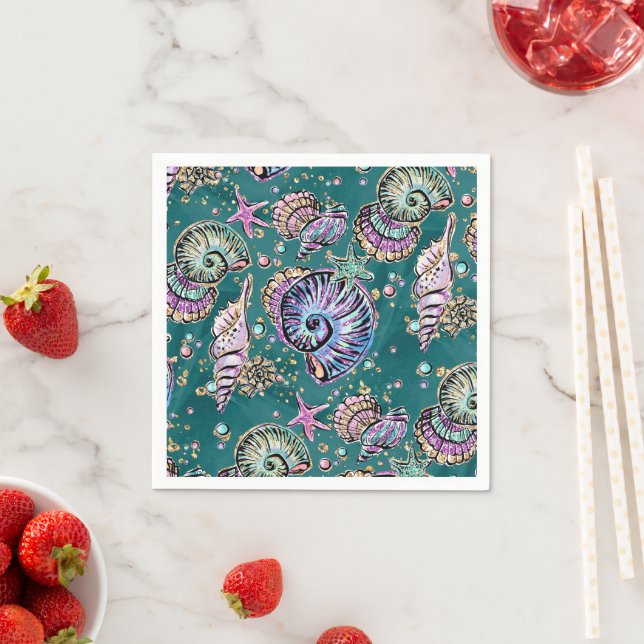 Underwater Teal Luxe | Green Pastel Gold Seashells Napkins (Insitu)