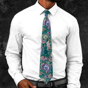 Underwater Teal Luxe   Green Pastel Gold Seashells Neck Tie