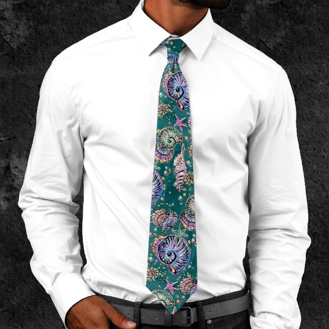 Underwater Teal Luxe | Green Pastel Gold Seashells Neck Tie (Creator Uploaded)