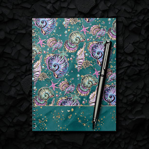 Underwater Teal Luxe Green Pastel Gold Seashells Notebook
