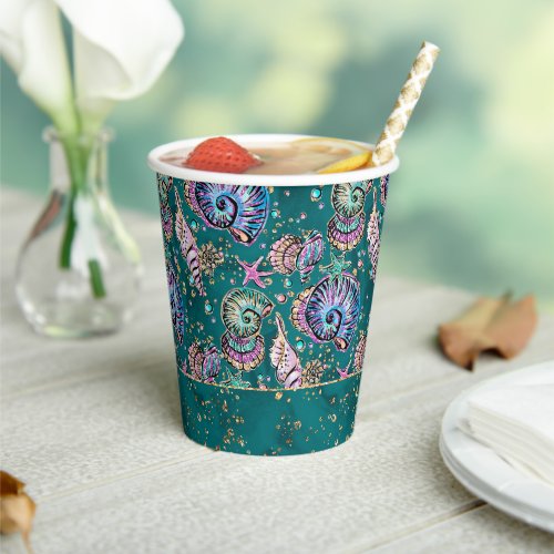 Underwater Teal Luxe  Green Pastel Gold Seashells Paper Cups